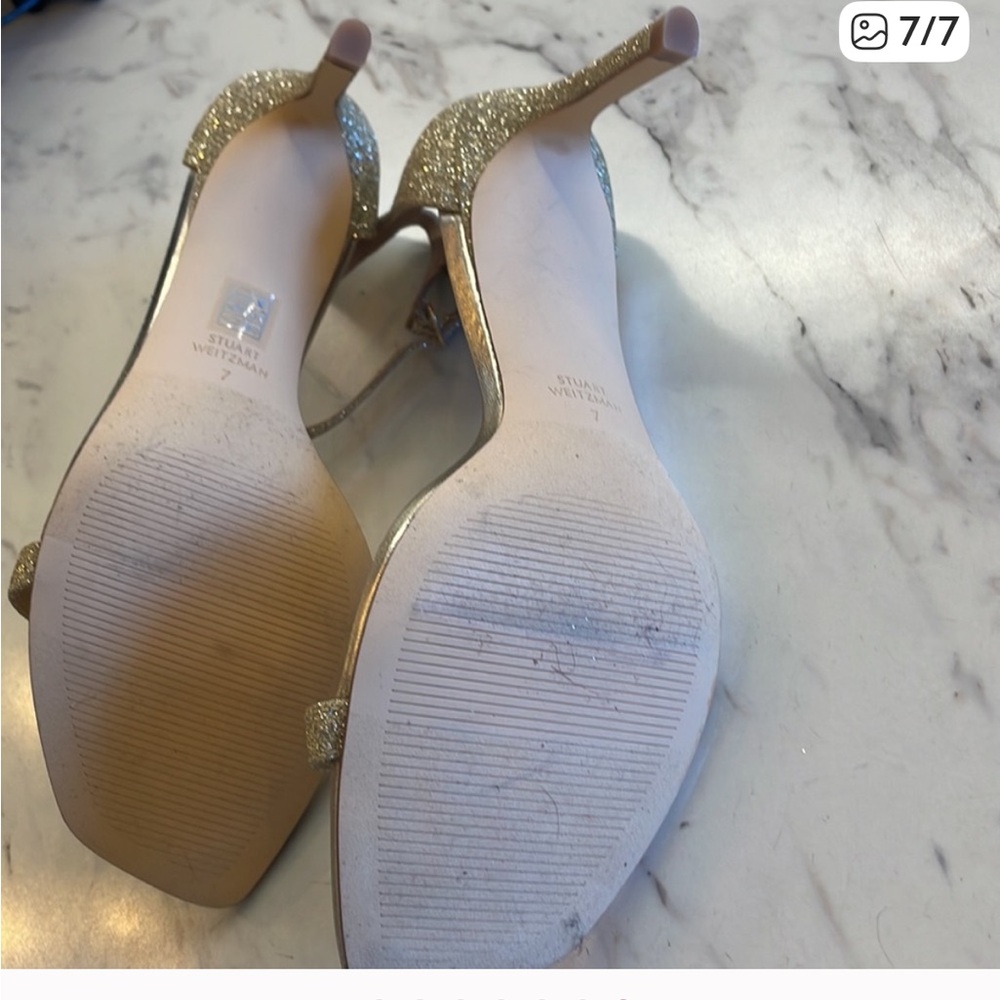 Stuart Weitzman Metallic Silver Glitter Ankle-Strap Heels - Picture 6 of 6